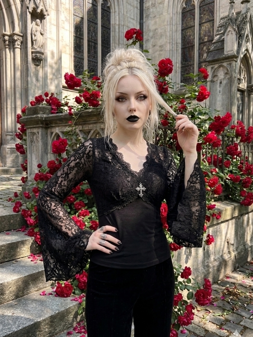 Lace Bell-Sleeve Black Gothic Blouse